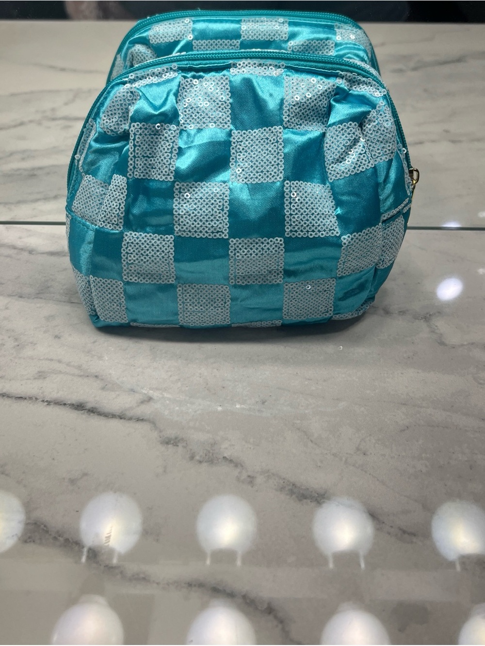 Blue Checkered Sequin Makeup Bag 🩵